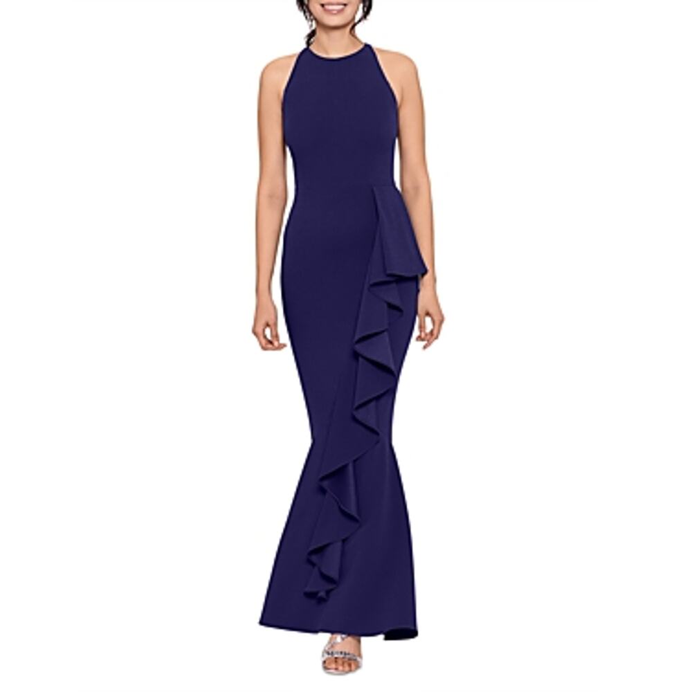 Aqua Royal Blue Halter Ruffled Mermaid Gown